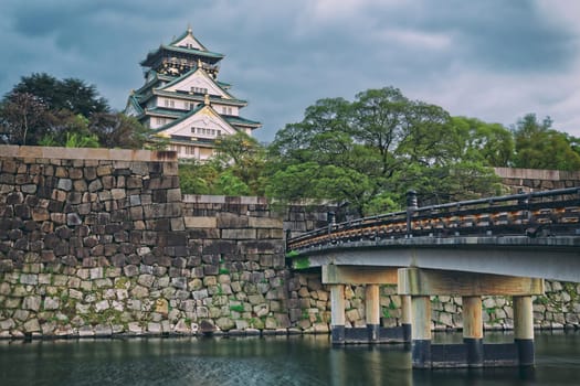 Osaka Castle at sunset in Japan, landmark of Unesco.