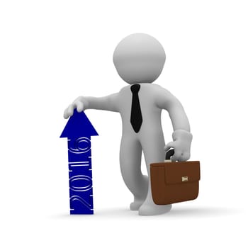 3d business character with a blue upswing arrow of 2016