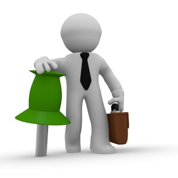 3d business character with a green thumbtack on a white background