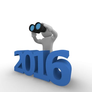 3d character looking for the next Year with binoculars