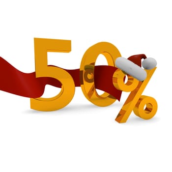 50 percent discount concept with a red ribbon and Santa's hat