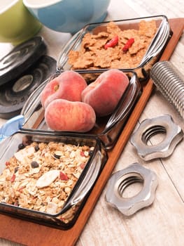 Breakfast with fresh fruits and muesli