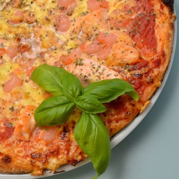 Delicious pizza with salmon and shrimps and basil decoration