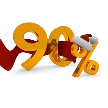 90 percent discount concept with a red ribbon and Santa's hat