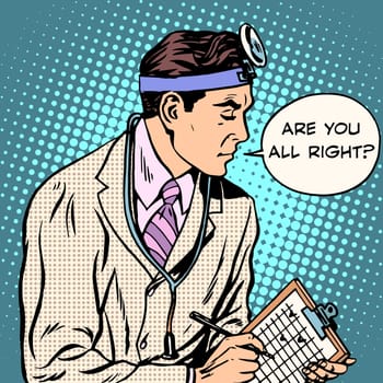 Medical research doctor talking with patient pop art retro style. Hospital and treatment. The profession of medical worker. Tests and surveys