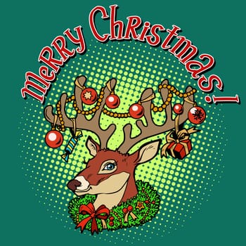 Deer Santa Claus merry Christmas pop art retro style. Animal with horns. Celebrations and congratulations. The symbol of Christmas and new year