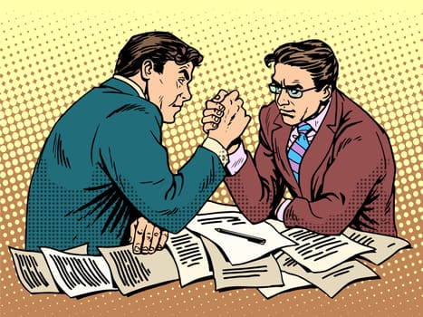 Arm wrestling business competition pop art retro style. Two businessman are fighting each other. Men force battle