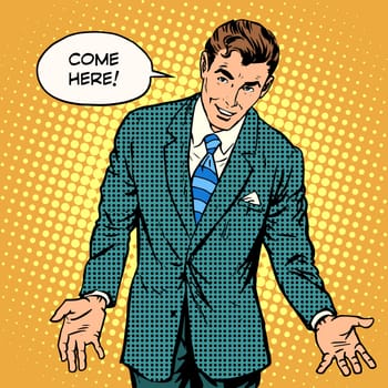 come here the man says pop art retro style. Adult male European middle age. Family and love for his wife. Embrace comfort care