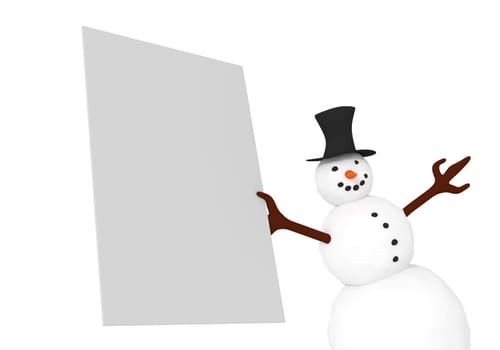 Funny snowman with blank sign on a white background