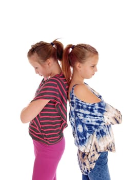 Two sisters standing back to back and are very mad to each others, .isolated for white background..