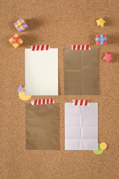 Paper texture notes template on cork notice board background with colorful cute handmade elements, including clipping path. Ideal for design mock up portfolio, school, office or stationery.