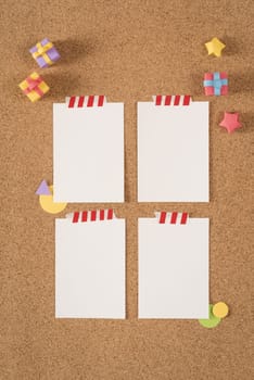 Empty blank notes template on cork notice board background with colorful cute handmade elements, including clipping path. Ideal for design mock up portfolio, school, office or stationery.