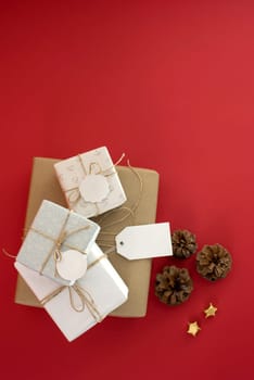 Concept retro hipster gift boxes top view template. Includes copy space, clipping paths in labels and hang tag. Ideal for design your own custom business sale promo, birthday or Christmas campaign.