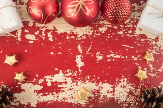 Christmas New Year concept greeting card top view template grunge texture background with vintage holiday decoration elements.