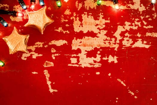 Holiday empty background concept template, vintage grunge wood texture with Christmas lights and decoration.