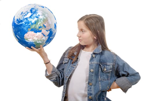 a little girl holding a world globe, isolated on a white background