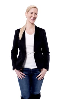 Trendy lady posing stylishly over white