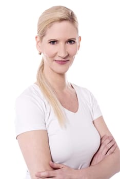Beautiful woman posing with smile against white background
