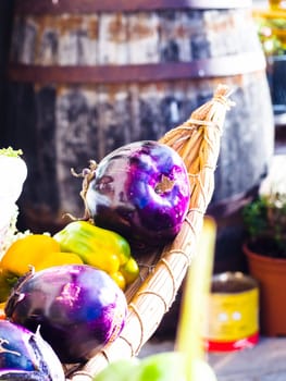 eggplant peppers grapes. Fruits and vegetables in season exposed in a street market