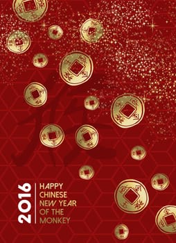 2016 Happy Chinese New Year of the Monkey, traditional symbols with calligraphy and stars in gold color over red pattern background. EPS10 vector.