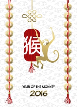 2016 Happy Chinese New Year of the Monkey, ape on traditional red lamp with gold and white decoration background. EPS10 vector.