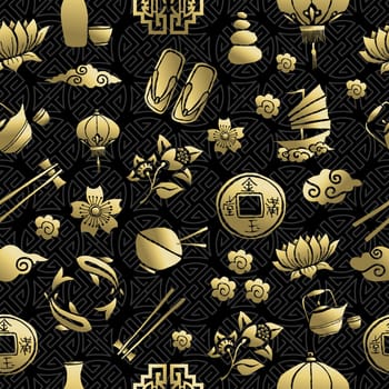 Gold chinese cultural icons seamless pattern, traditional asian elements on black background. EPS10 vector.