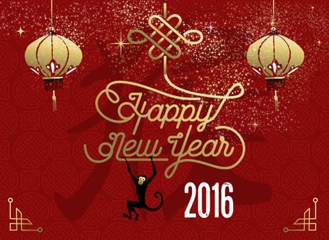 2016 Happy Chinese New Year of the Monkey, oriental gold decoration elements and ape on traditional red background. EPS10 vector.