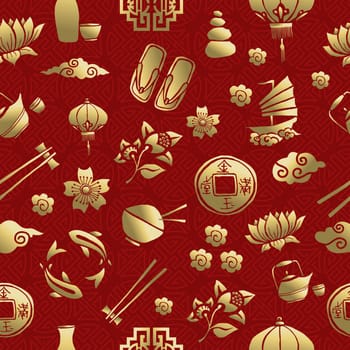 Gold chinese cultural icons seamless pattern, traditional asian elements on red background. EPS10 vector.