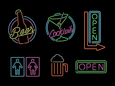 Set of retro style neon light outline sign icons for bar, beer, open business, cocktail and bathroom symbol. EPS10 vector.