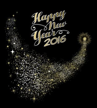 Happy New Year 2016 greeting card design with gold firework explosion in night sky and text. EPS10 vector.