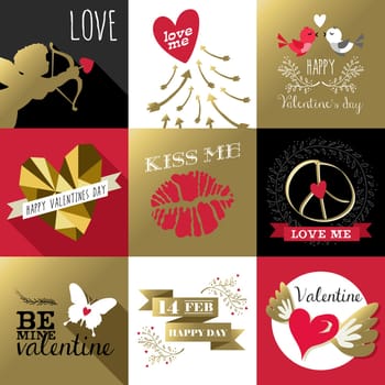 Saint Valentines day retro design label set with gold and pink colors, includes angel, quotes, kiss, butterfly. Ideal for greeting card. EPS10 vector.