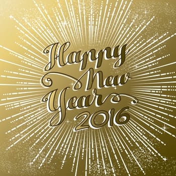 Happy New Year 2016 gold greeting card with firework explosion design and text. EPS10 vector.