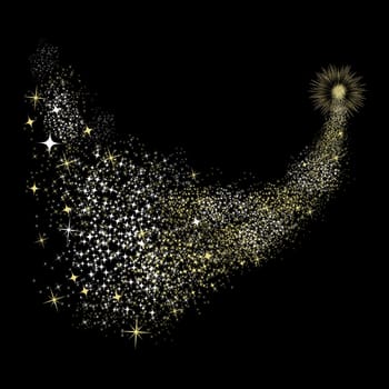Happy New Year concept greeting card design, firework explosion with gold sparkles and stars in the night sky. EPS10 vector..