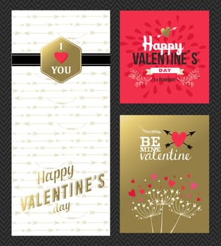Happy Valentines day retro greeting card set with gold and pink colors. Includes heart shape, nature, badge designs. EPS10 vector.