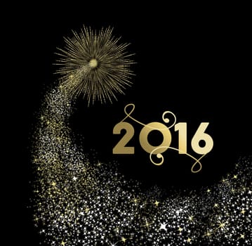Happy New Year 2016 gold firework explosion in night sky with sparkles and stars. EPS10 vector.