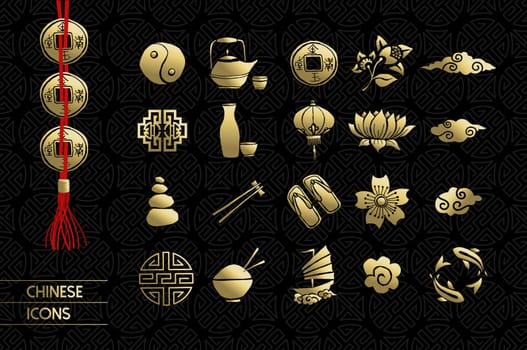 Gold chinese icons set. Includes lotus flower, traditional culture elements and decoration. EPS10 vector.   .