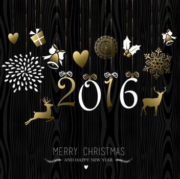 Merry Christmas Happy New Year 2016 greeting card design, reindeer and holiday decoration elements in gold colors over wood texture background. EPS10 vector.