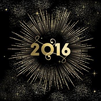 Happy New Year 2016 greeting card design, gold firework explosion with star and sparkles. EPS10 vector.