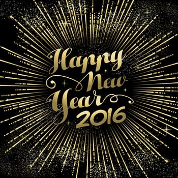 Happy New Year 2016 greeting card, gold firework explosion with holiday text over night sky background. EPS10 vector.