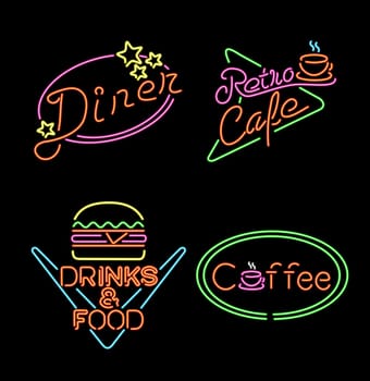Retro neon light set, vintage signs and symbols for food business, coffee, hamburger, restaurant, diner. EPS10 vector.