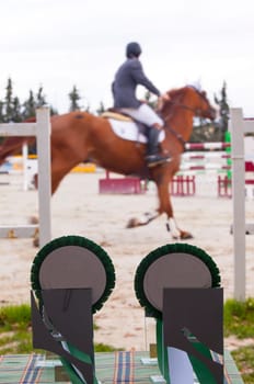 Detailed view of a boot rider with spurs at jumping competition