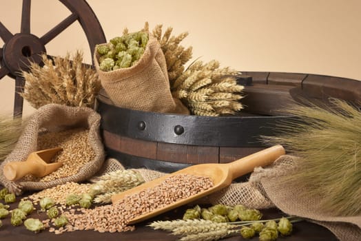 Beer barrel with wheat,barley,hops and malt