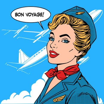 Bon voyage stewardess airplane travel tourism pop art retro style. Business concept success. Aviation transportation and flights