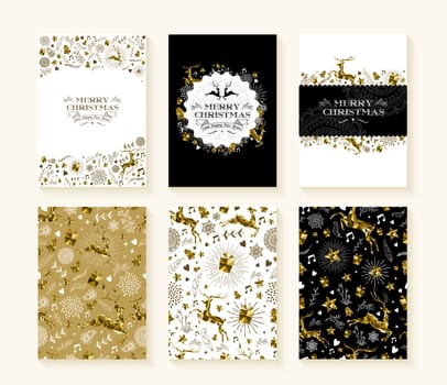 Merry christmas set of seamless xmas reindeer patterns in gold low poly style and text templates. Ideal for holiday greeting cards, print, or wrapping paper. EPS10 vector.