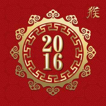 2016 Happy Chinese New Year of the Monkey, gold label decoration with calligraphy on traditional red background. EPS10 vector.