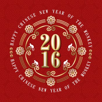 2016 Happy Chinese New Year of the Monkey. Circle label decoration with traditional asian designs, symbols and text. EPS10 vector.