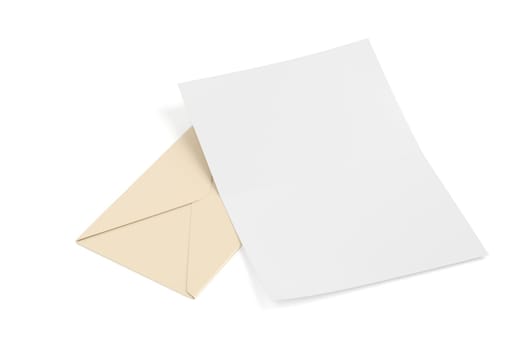 Envelope and blank paper on white background