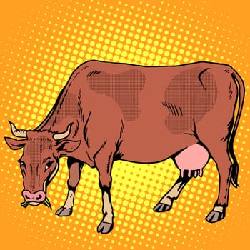 Cow eating grass farm animals pop art retro style. Ranch and agriculture. Meat and dairy industry and business.