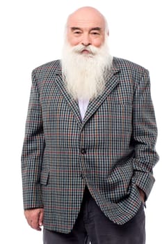 Bald headed Matured man wearing suit and straw hat