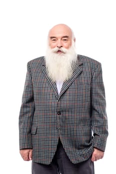 Elderly man posing to the camera over white